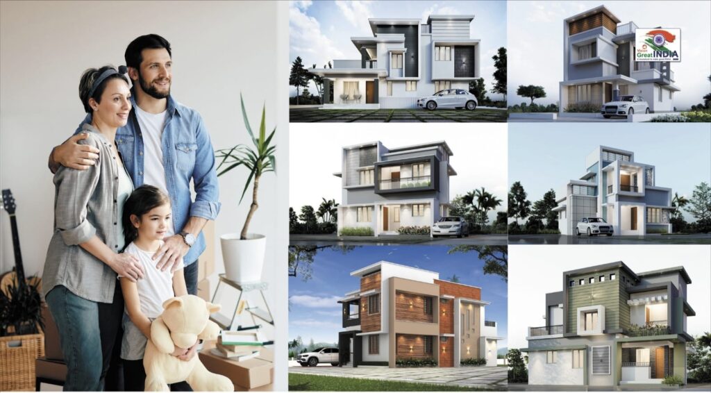 Picture contains a family watching different types of houses construted by best builders in Palakkad